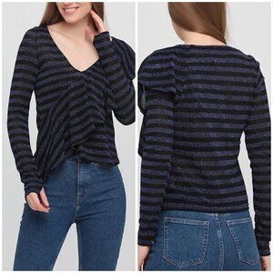 Zara Sz M Blue Black Metallic Thread Shimmer Ruffle V Neck Blouse Top NWT NEW